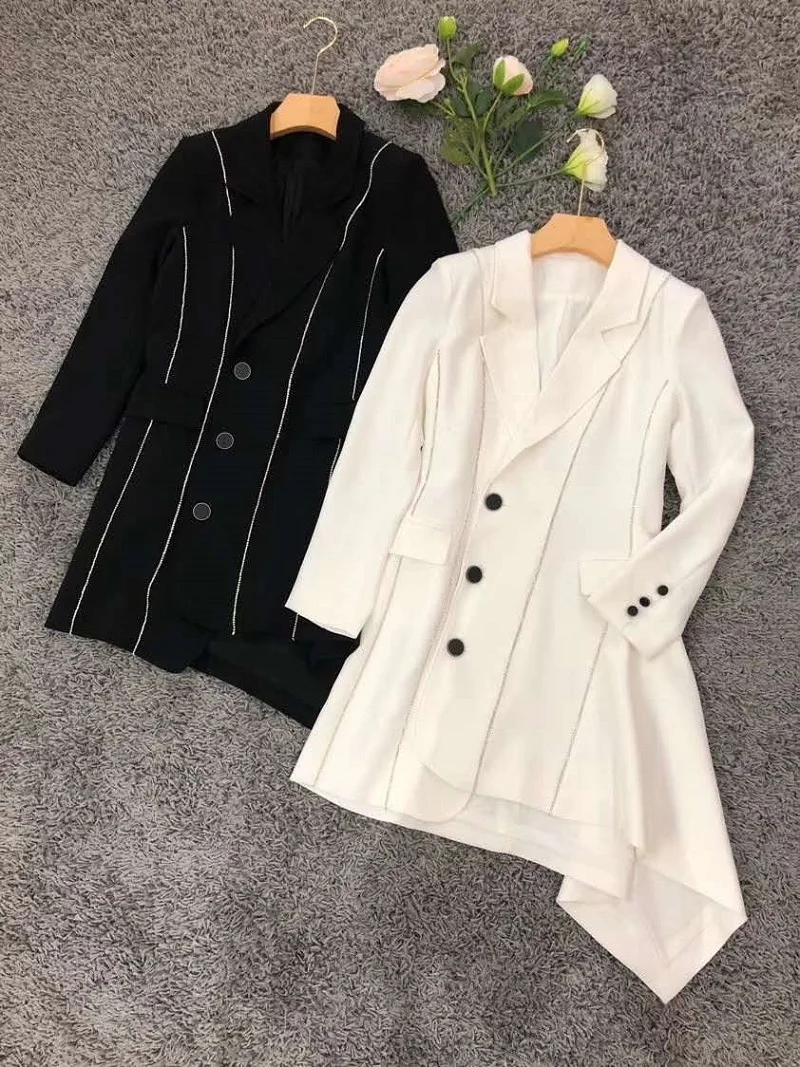

2020 Autumn Winter Fashion Long Blazer Dress High Quality Women Crystal Beading Long Sleeve Asymmetrical Style Dress Outwears