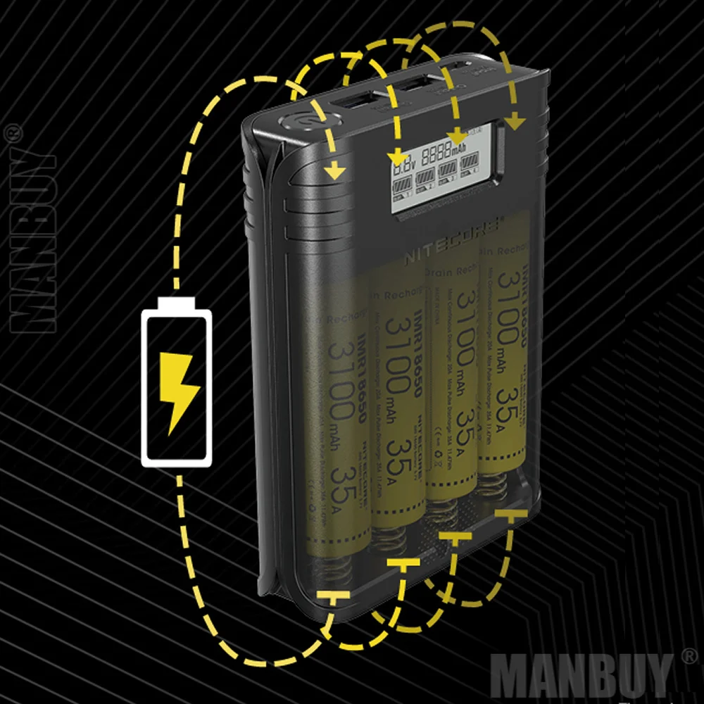 

NITECORE F4 Flex Bank 2 In 1 Power Bank Smart USB Charger 4 Slots 4A Quick Recharging Outdoor Travel Power Without 18650 Battery