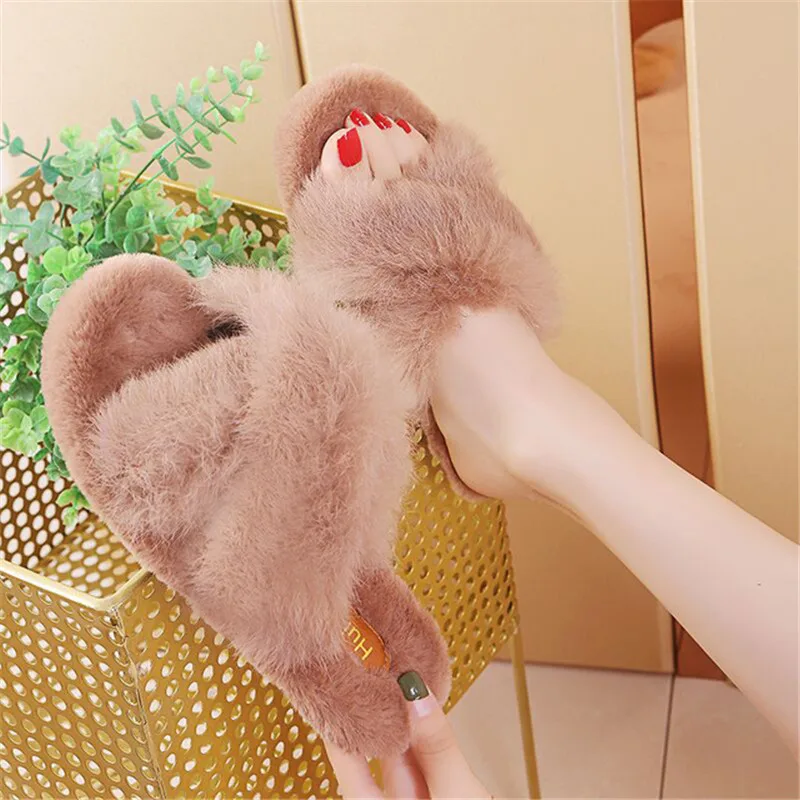 

Fur Slides Winter Warm Fluffy Slippers Women Home Slippers Cute Rabbit Indoor House Shoes Plush Floor Shoes Pantoufle Femme 2020