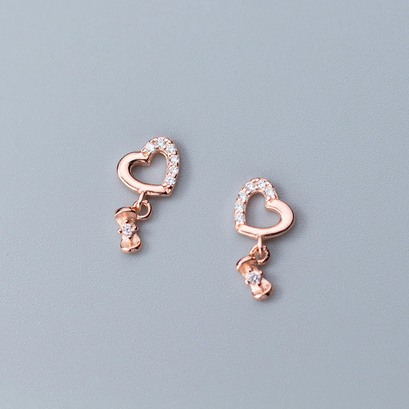 1 Pair Rose ElfoPlataSi 925 Твердые ювелирные изделия из настоящего стерлингового серебра Мода 6 мм X 11 мм Сердце Бант Серьги-гвоздики из кубического циркония для девочек женские ювелирные изделия XY1156 - Окраска металла: 1 Pair Rose