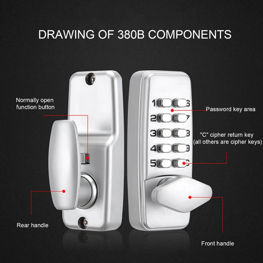 380B Digital Password Door Lock Mechanical Code Keyless Entry Waterproof Non-Power Anti-rust for 30-65mm |