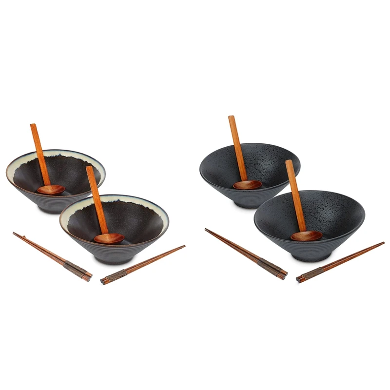 

LUDA Ceramic Ramen Bowl Set Japanese Ramen Bowl with Chopsticks and Spoon Udon Ramen Bowl Noodle Bowl 2 Sets