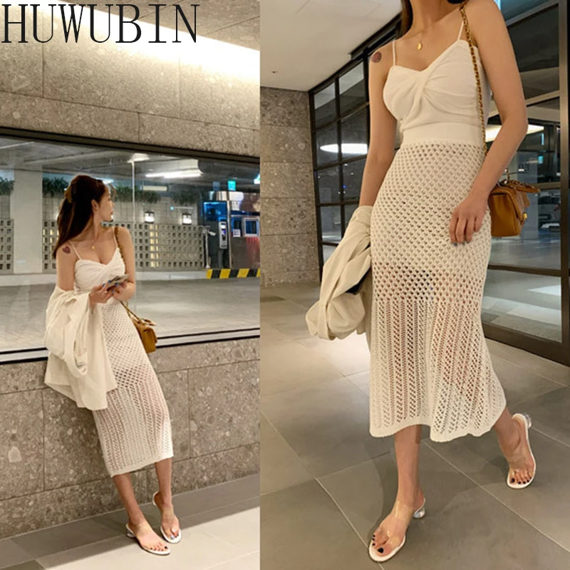 Falda de ganchillo de punto lateral para mujer, falda larga de cintura alta elástica elegante, edición coreana, nueva moda de verano, 2021