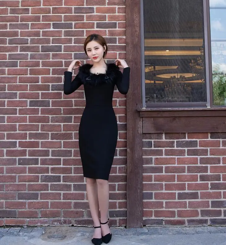 Женское винтажное платье миди Le Palais черное эластичное облегающее с длинным