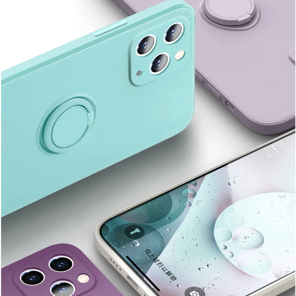 

Luxury Square Liquid Silicone Soft Case for IPhone 12 Mini 11 Pro Max X XS XR 8 7 Plus Ring Holder Camera Protection Phone Cover