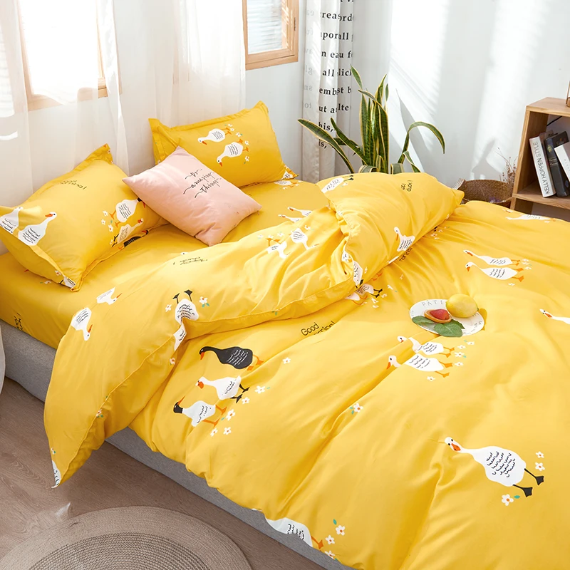 

cartoon yellow duck print bedding set kawaii duvet cover bed linen set for home bed sheets pillowcase set queen king size