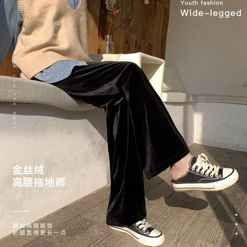 

hang down feeling pleuche wide-legged pants female dwarf han edition of tall waist petite brim show thin