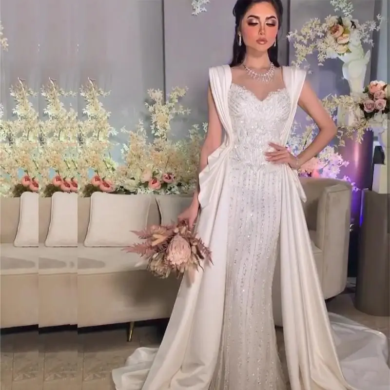 

Arabic Overskirt Wedding Dresses Muslim Major Beading Sequined Ruched Pleats Wrap Bridal Dress Plus Size vestidos de noiva