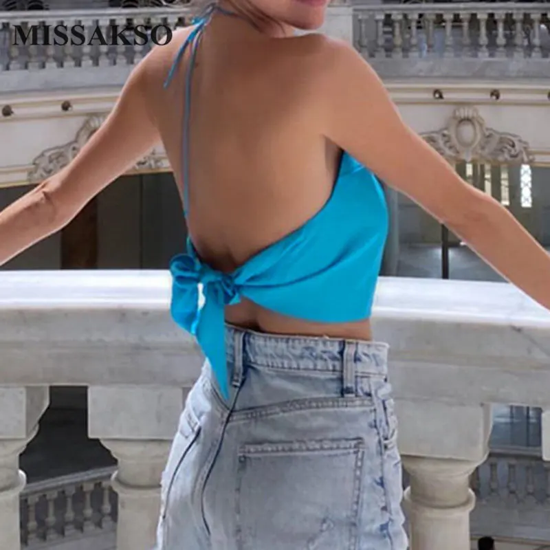 Женский топ без рукавов Missakso однотонный синий укороченный с открытой спиной на