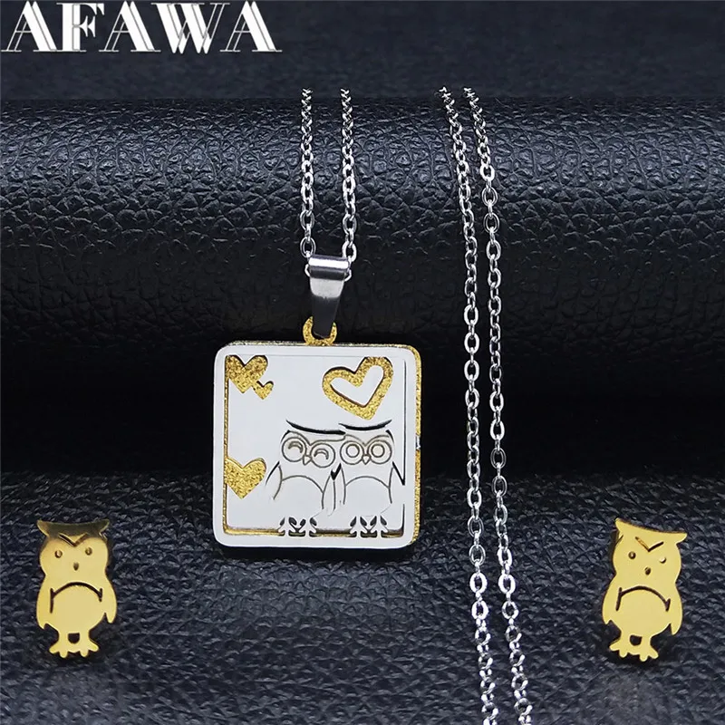 

Love Owl Geometry Stainless Steel Layer Jewelery Sets Women Earings Necklace Set Jewelry collares de acero inoxida SXS01