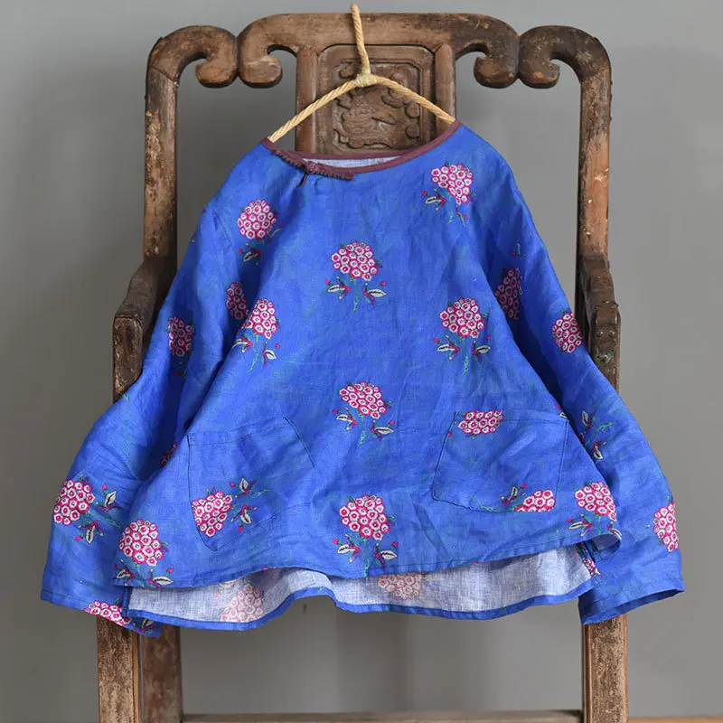 

Women Printed Vintage Linen Shirts Tops Ladies Retro Loose Irregular Length Blouse Female 2020 Spring Shirt