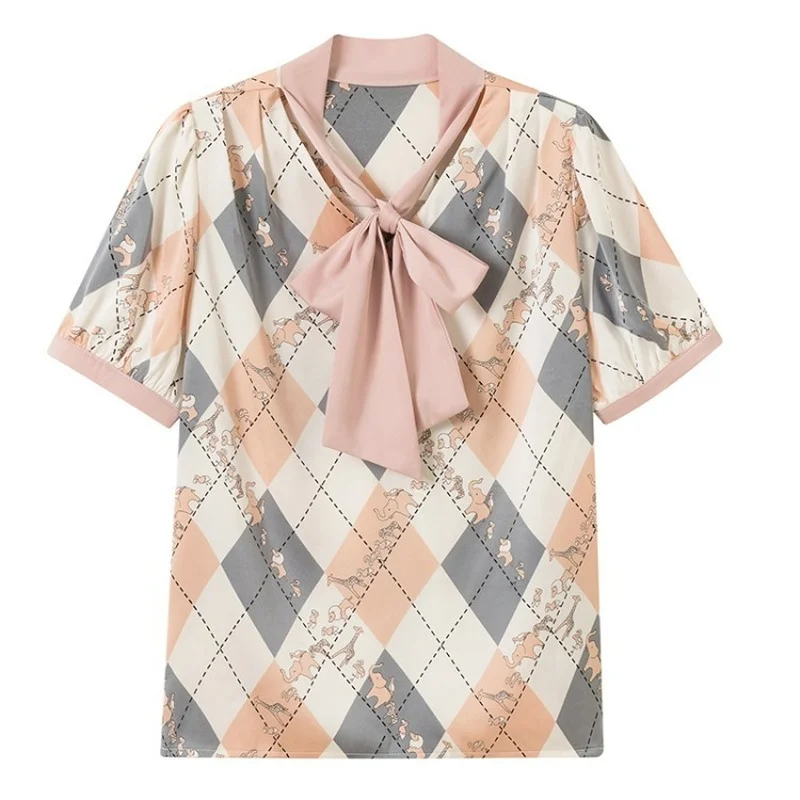 

Houthion Chiffon Slim Women's Blouses Fashion Short Sleeve Top New Casual Blouse Printing Bow Tie V-neck Shirt Summer