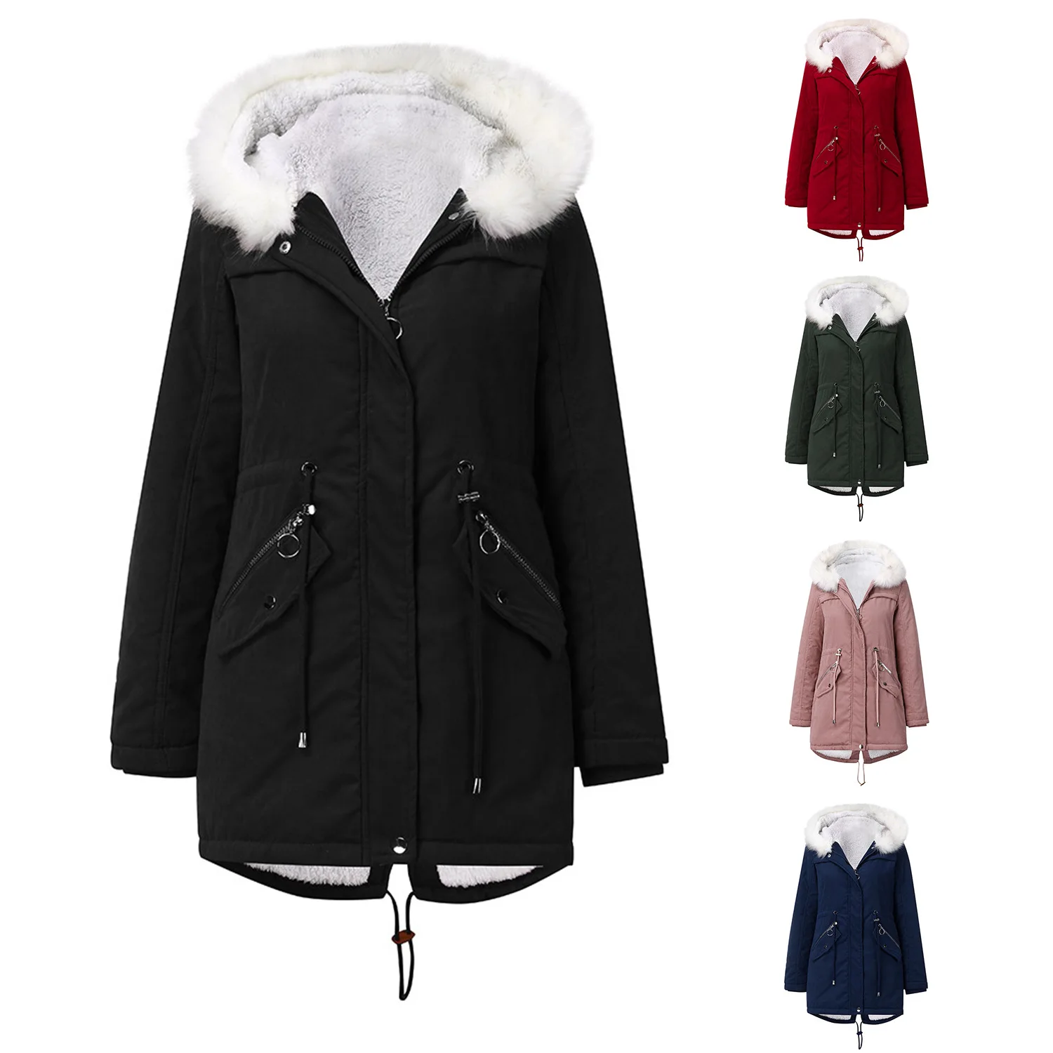

women's cotton padded clothes white wool collar Parka medium long hooded winter warm velvet coat women's cotton padded clothes