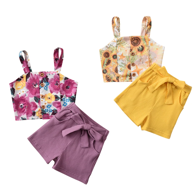 

От 0 до 5 лет летняя детская одежда для девочек; Комплекты одежды принтом в виде цветов подсолнуха, без рукавов, однобортный жилет и шорты ком...