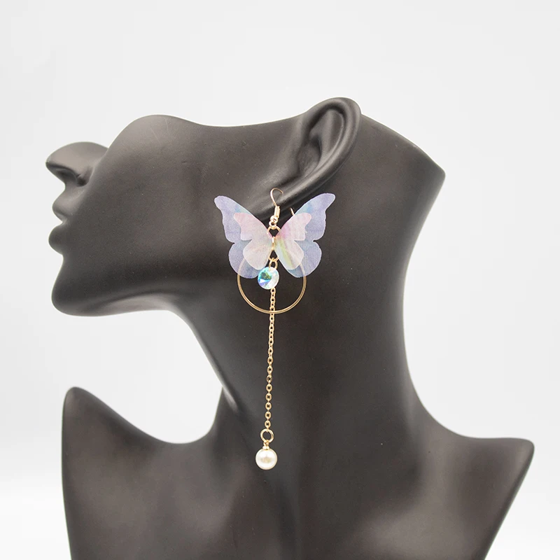 

Fashion jewelry Sweet Ladies Earrings Temperament Asymmetric Butterfly Crystal Long Pearl Tassel Earrings for women's best gift