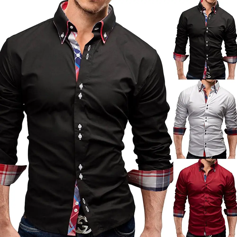 

Men Shirts Solid Plaid Patchwork Men Slim Turn Down Collar Long Sleeve Top Formal Male Social Single-breasted Shirt Plus Size