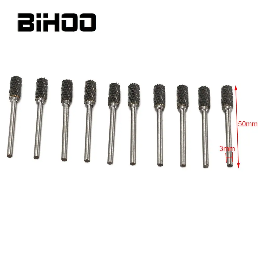 

10Pcs Tungsten Steel Carbide Burrs Rotary Tools Drill Bits Cylinder Shape