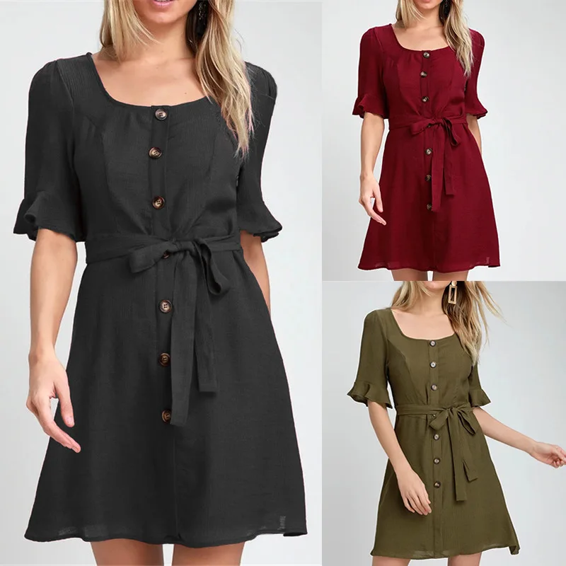 

Casual Lady Dress Solid Color Square Collar Lace Five-point Sleeve Ruffle Sleeve High Waist Chiffon Mini Dress women