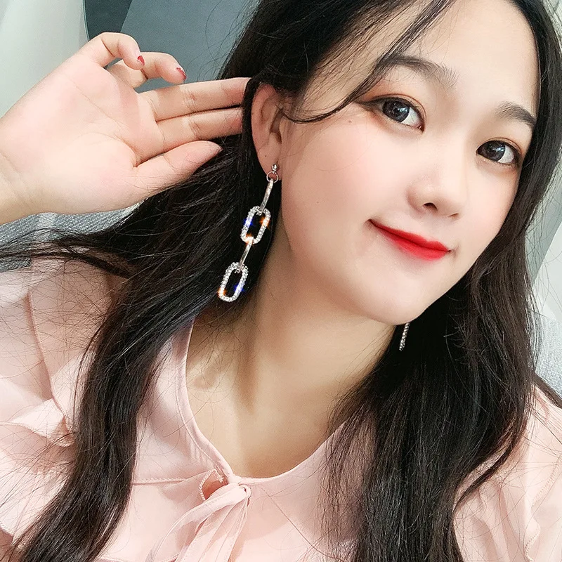

DREJEW Long Silver Circle Rhinestone Statement Dangle Earrings Christmas 925 Alloy Drop Earrings for Women Wedding Jewelry E0061