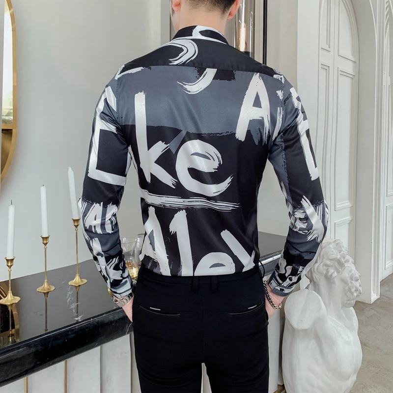 Мужская рубашка с длинным рукавом в британском стиле черно-белая принтом букв