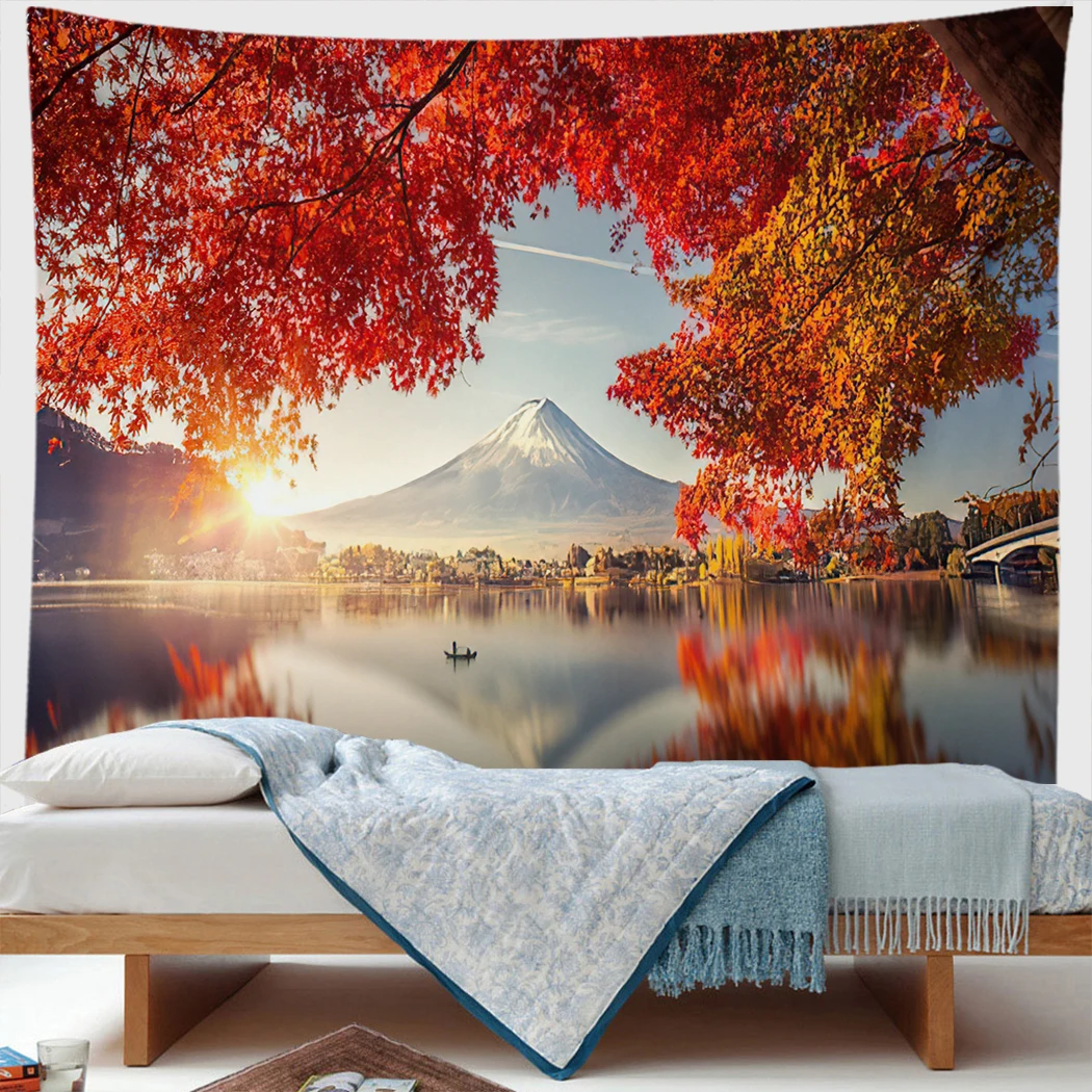 

Natural Landscape Tapestry Lake Red Maple Mountain Sunshine Boats Modern Art Wall Hanging Boho Home Decor Picnic Mat Carpet Gift