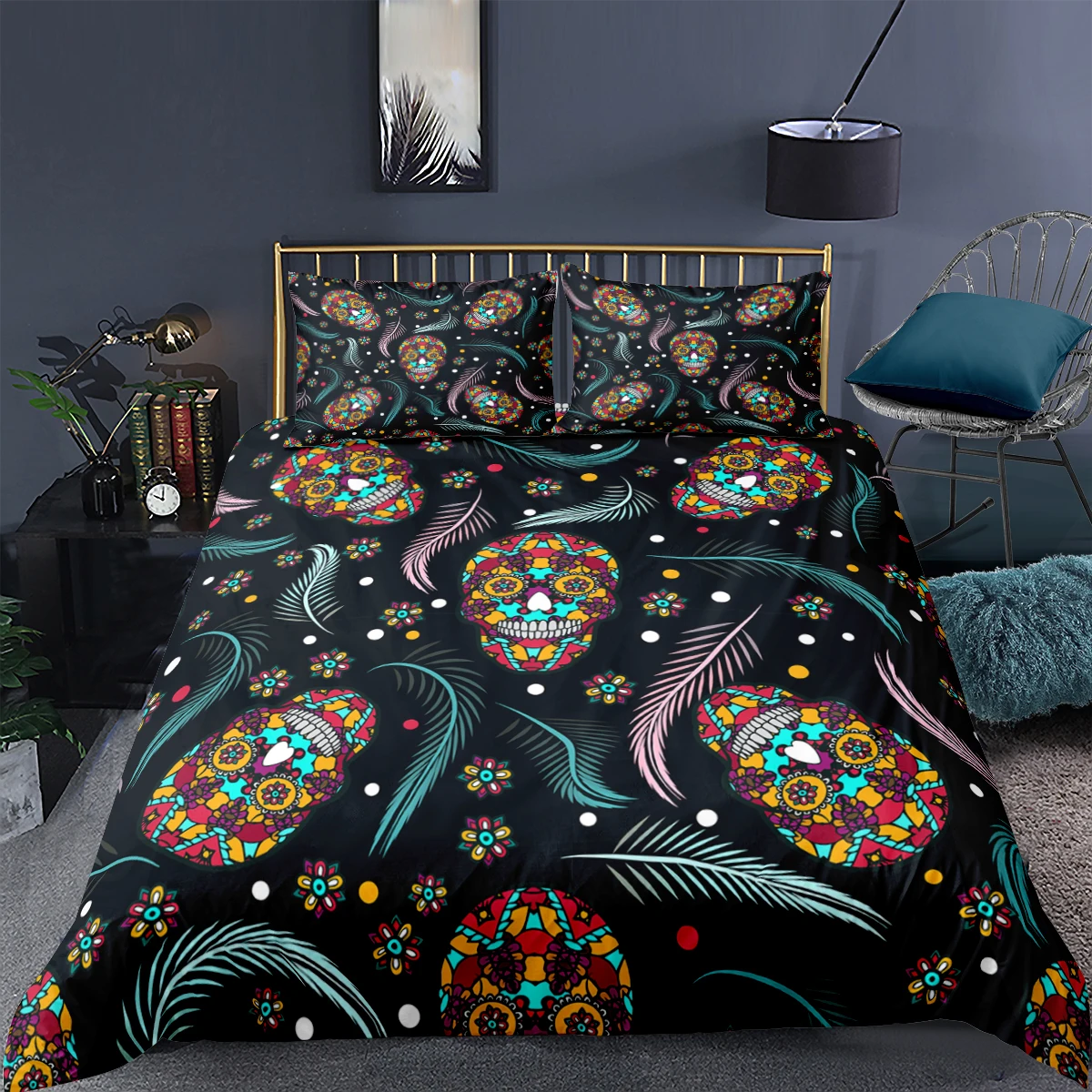 

3D Skull Bedding Set Bohemian Feather Print Quilt Cover Pillowcase Queen Size 2/3pc Home Textiles Adults Duvet Cover Set