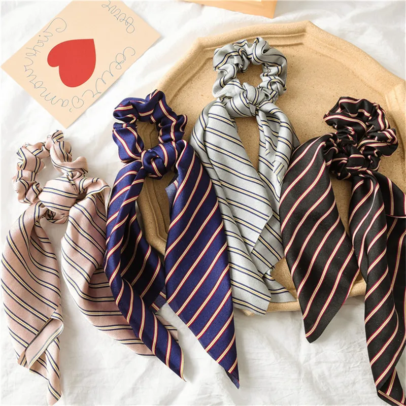 Полосатые атласные резинки с бантом шарф для волос шелковые женщин и девочек