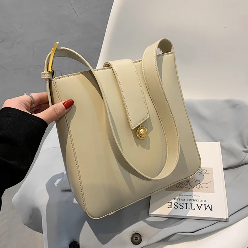 

Burminsa Bucket Shoulder Bags For Women Zipper Closure Simple Large Capacity Work Female Tote Bags PU Leather Handbags New 2021