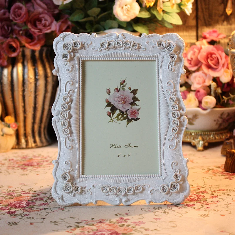 

European Wedding Accents Embossed Rose Flower Design and Jeweled White 4x6/5x7 inches Rectangle Shape Tabletop Resin Photo Frame