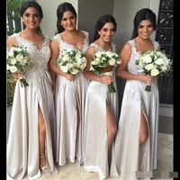 lace cheap bridesmaid dresses side split lace wedding party dress long maid appliques vestido de festa longo