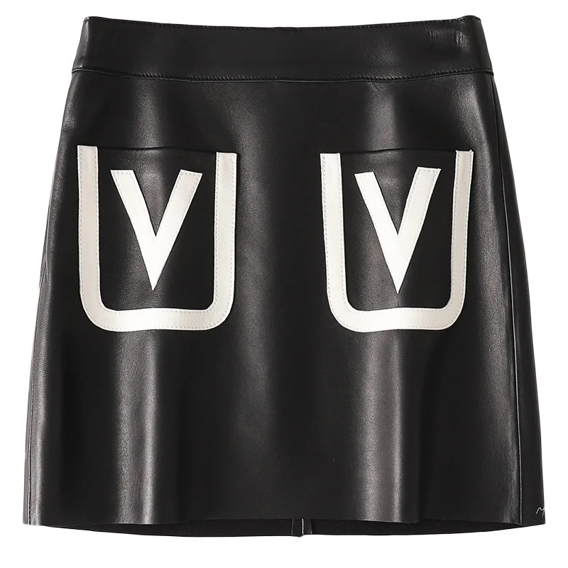 

M L XL XXL New Fashion Sheepskin A-Line Skirt Real Genuine Leather V Skinny Pencil Skirt Black For Women Ladies Clothing