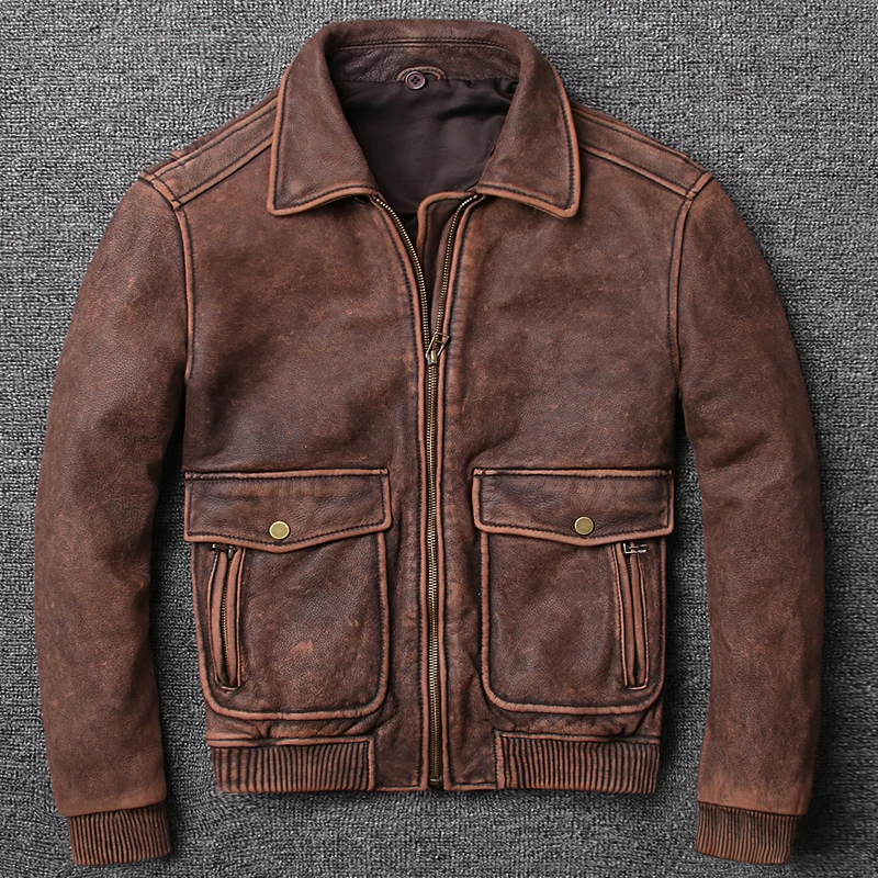 air force winter flight jacket fur collar vintage cow leather men brown pilot coat men's bomber |