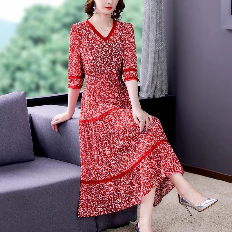 

Summer Boho Red Floral Chiffon Beach Midi Dress 2021 Casual Vintage M-4XL Plus Size Midi Dress Elegant Party Women Vestidos