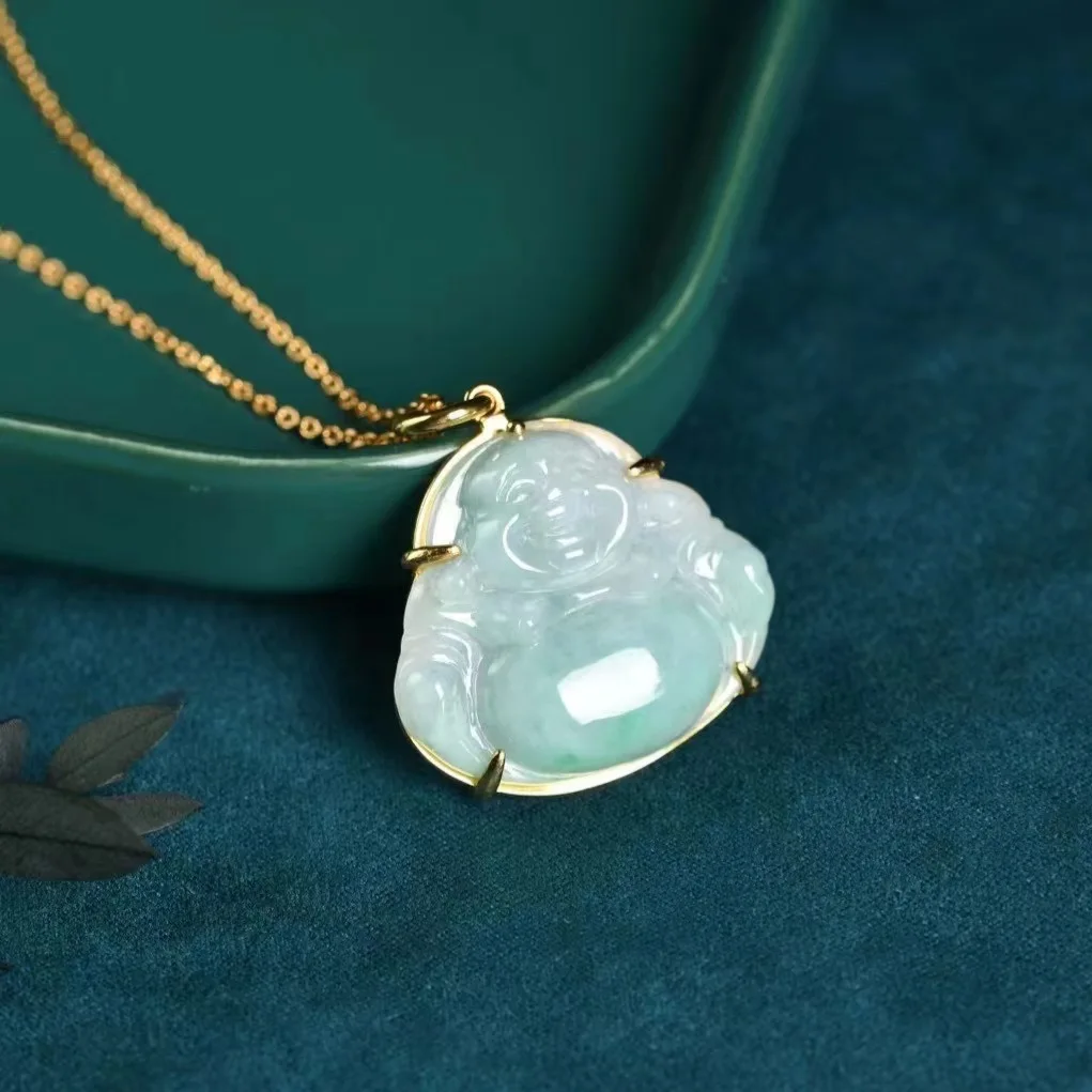 

Natural Jadeite Maitreya Buddha Pendant Necklace for Women Girls Short Sterling Silver Plated 18K Gold Adjustable Hypoallergenic