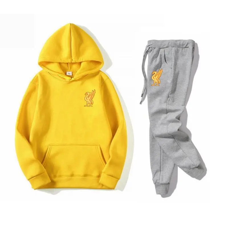 Yellow gray Спортивный костюм, модная спортивная одежда, комплект из двух предметов, хлопковая флисовая толстовка с капюшоном+ штаны, спортивный костюм для мужчин - Цвет: Yellow gray