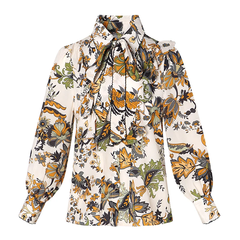 

100% Silk Women's Shirt Turn Down Collar Long Sleeves Floral Printed Lace Up Bow Elegant Fashion Blouse Tops