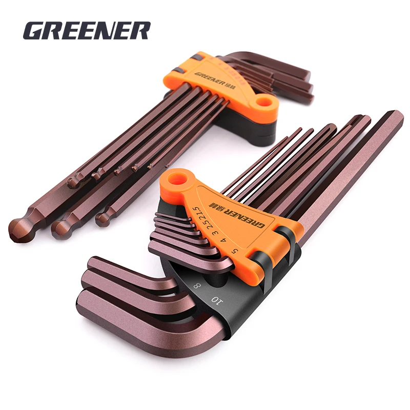 Greener Hex Wrench Set Screwdriver Universal Allen Key 9PCS Double-End L Type S2 Hexagon Flat Ball Spanner Metric Hand Tools