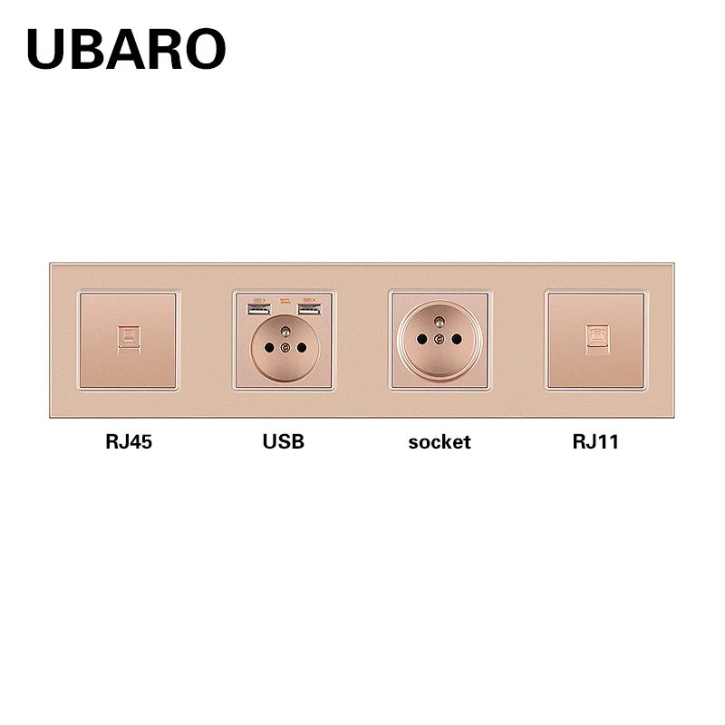 

UBARO 344*86mm French Standard Tempered Glass Wall Socket With RJ45 RJ11 TV Signal Terminals Usb 5V 2A Power Outlets 250V 16A