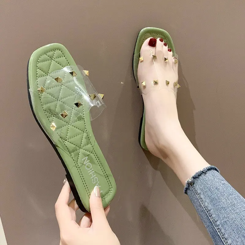 

Summer Slippers Women Sandals Shoes Breathable Transparent Rivets Peep Toe Beach Flip Flops Clear Women Outdoor Flat Slipper