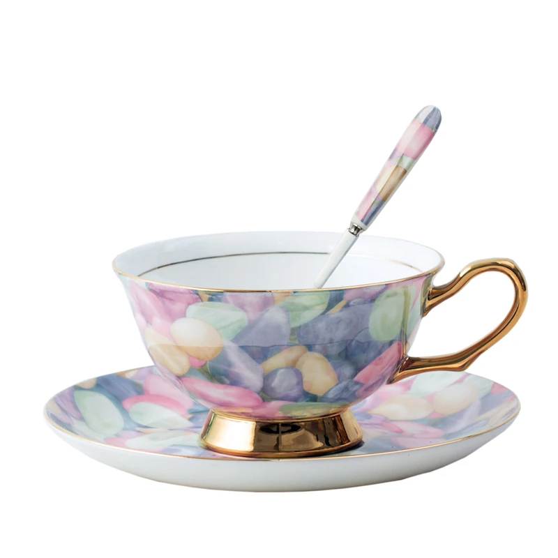 

Cobblestone Style Luxury Gold Border Phnom Penh Bone China Ceramic Coffee Cup Afternoon Tea Cup with Spoon Set