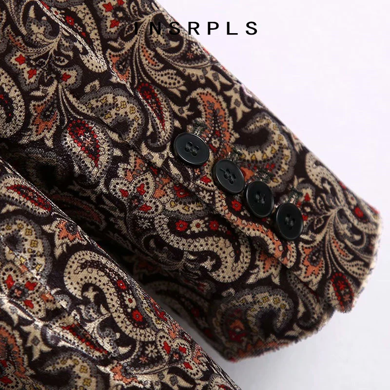 

INSRPLS Women Fashion Double Breasted Paisley Print Velvet Blazer Coat Vintage Long Sleeve Female Outerwear Chic Tops