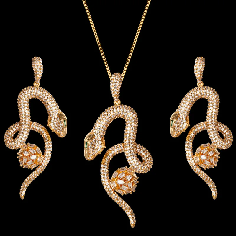 

Zlxgirl jewelry Classic snake shape animal necklace and earring wedding bijoux sets for women Gold cooper cubic zirconia neclace