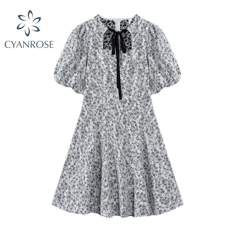 

Женское платье с коротким рукавом, повседневное винтажное платье с цветочным принтом, элегантное платье с бантом на шнуровке в Корейском ст...