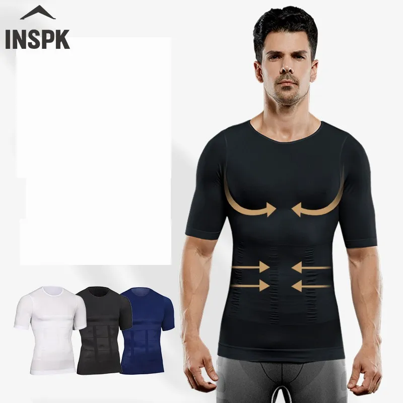 

INSPK Men Sports Top Short Sleeved Breathable Elastic Soft Gym Training T Shirts Corset Slim Running Fitness Sport Clothes,1pcs