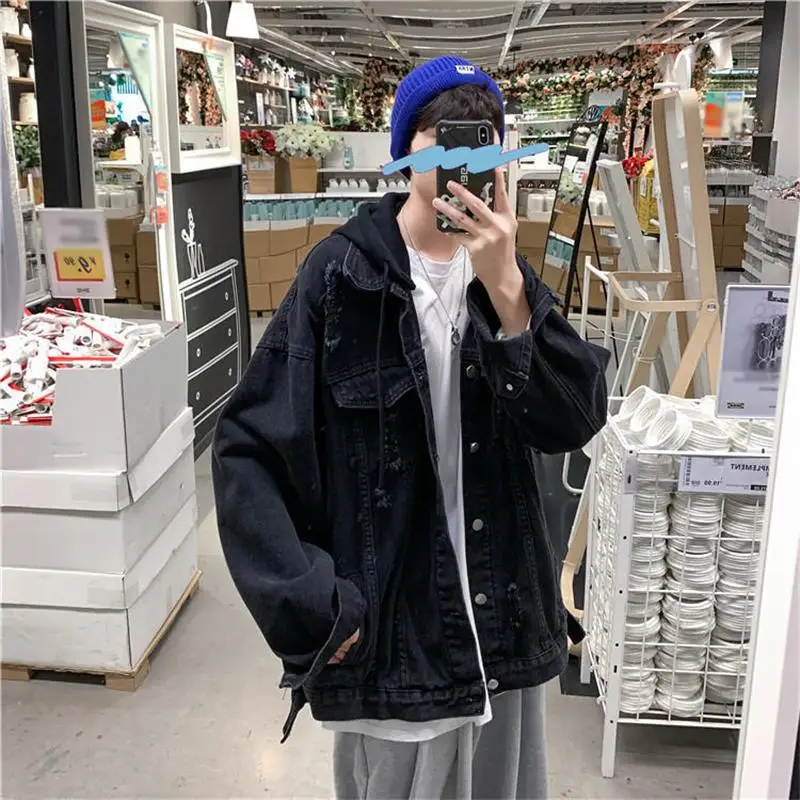 

Men Denim Jacket Streetwear Hip Hop Men's Hooded Jackets Male Casual Loose Outerwear 2021 New Spring Fashion Slim Fit Coat