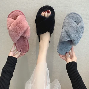 New Winter Women Flip Flop Shoes Home Bedroom Indoor Slides Warm  Cross Faux Fur Shoes Memory Foam F