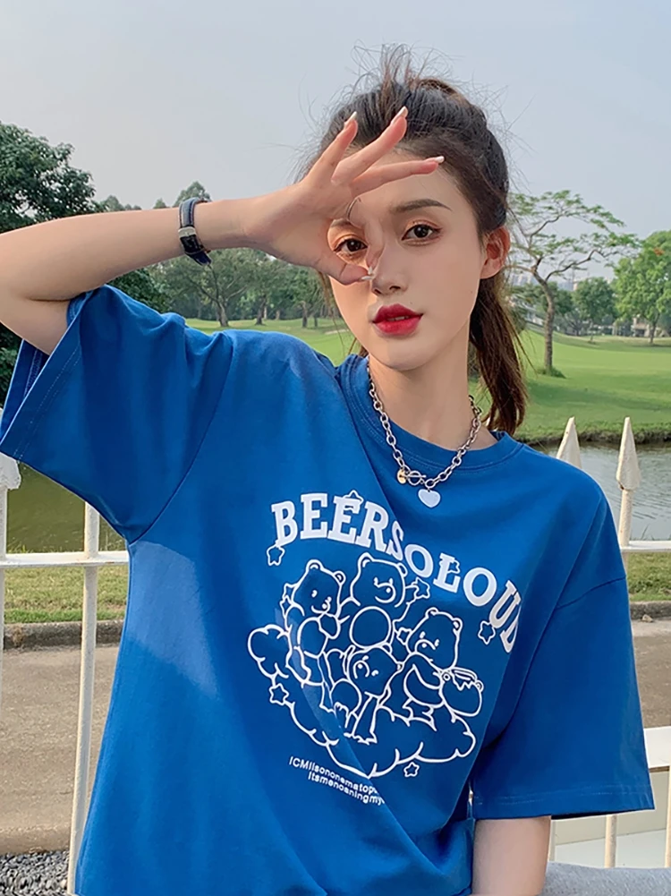 Повседневная Свободная футболка с коротким рукавом 4 размера надписью для