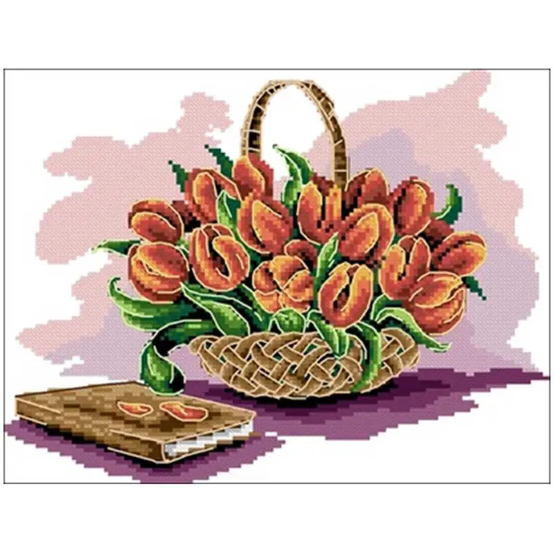 Tulip flower basket patterns counted 11CT 14CT 18CT DIY Cross Stitch Sets wholesale Cross-stitch Kits Embroidery Needlework |