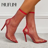 gladiator sexy rhinestone stiletto pointed toe hollow mesh fishnet stretch socks boots women high heels ankle boots size 35 42