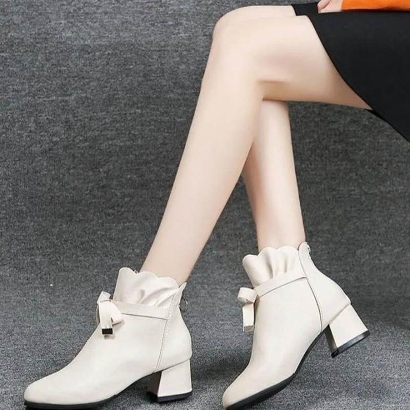 

2021 New Spring Autumn Women Single Boots Girls Sweet Ruffles Thick Heel Short Boots Female Bowknot Mid-heel Single Shoes 35-41